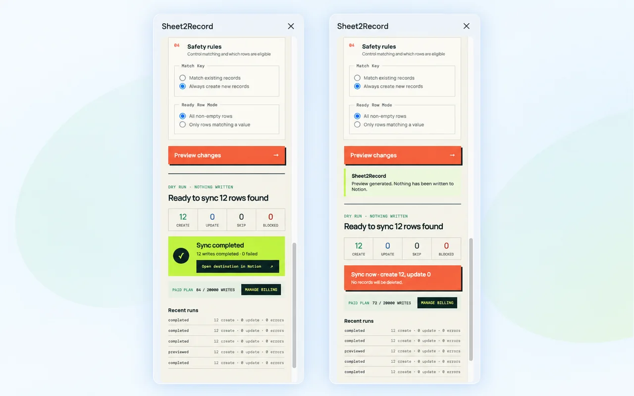 Sheet2Record preview and sync result panels